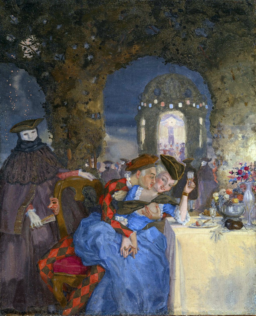 "ランデブー" 仮面をつけた人物に見守られながら、夏のパーティで談笑するカップル Konstantin Somov (1869-1939) による絵画 - 1918年頃 - 油彩・キャンバス Dim 27x22 cm プライベート・コレクション 作： コンスタンチンアンドリービッチソモフ