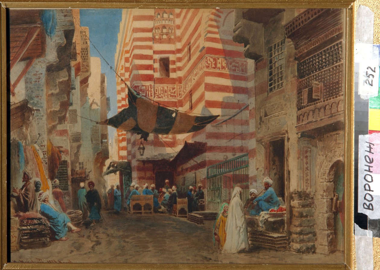 カイロ (エジプト) の路上で。 Konstantin Yegorovich Makovsky (Constantin Makovsky) (1839-1915) によるアートワーク、紙のアートワーク 作： コンスタンチン・エゴロビッチ・マコフスキー