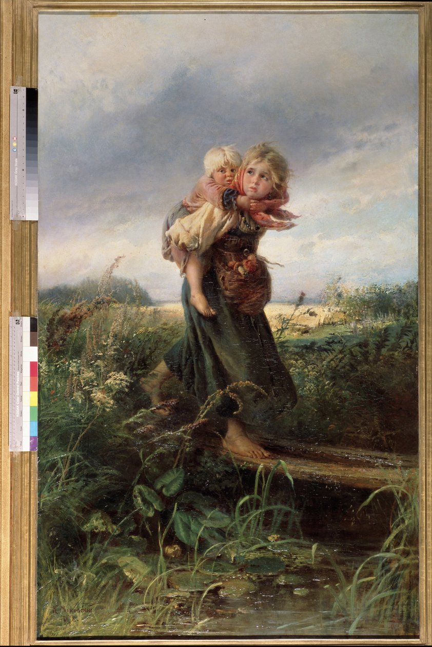 雷雨から逃げる子供たち。 Konstantin Yegorovich Makovsky (Constantin Makovsky) (1839-1915) による絵画、キャンバスに油彩 作： コンスタンチン・エゴロビッチ・マコフスキー