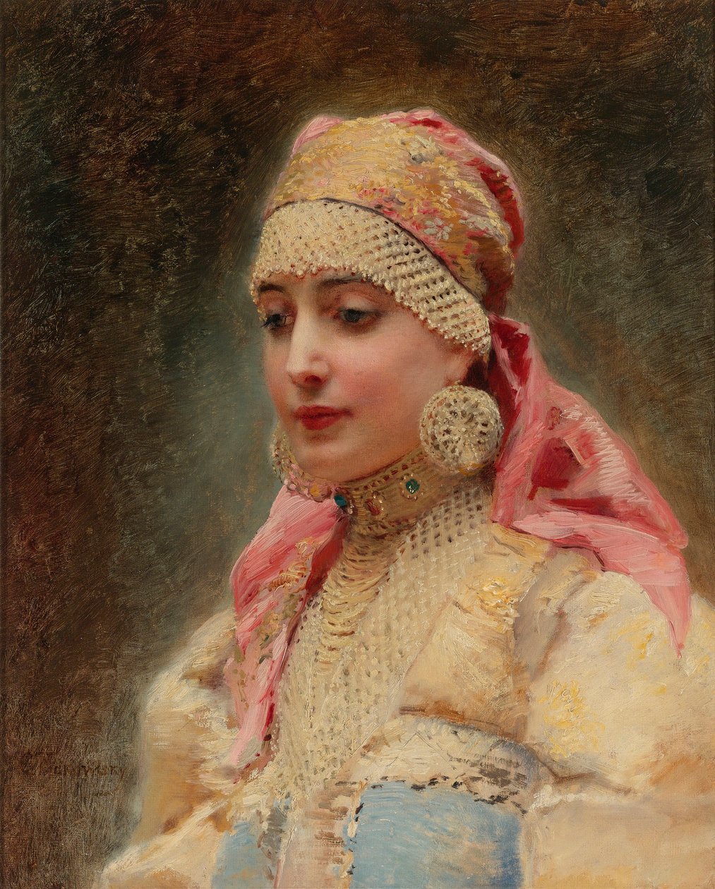 "Portrait de femme de boyard" (boiard, boiar) - Peinture de Konstantin Yegorovich Makovsky (Constantin Makovski) (1839-1915), huile sur toile, vers 1890 - (ボヤールの妻、Konstantin Yegorovich Makovskyのキャンバスに描かれた油彩) 作： コンスタンチン・エゴロビッチ・マコフスキー