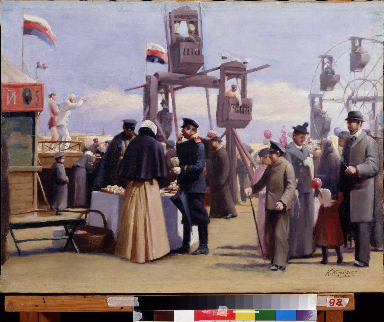 モスクワ フェアの屋台。 (モスクワ フェア ショー ブース)。 Konstantin Yegorovich Makovsky (Constantin Makovsky) (1839-1915) による絵画、キャンバスに油彩。 19世紀のロシア美術。 チュヴァシ共和国国立美術館、チェボクサル (チュヴァシ、ロシア)。 作： コンスタンチン・エゴロビッチ・マコフスキー