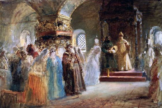 皇帝アレクセイ・ミチャイロヴィッチ（1629-76）が花嫁を選ぶ 作： コンスタンチン・エゴロビッチ・マコフスキー