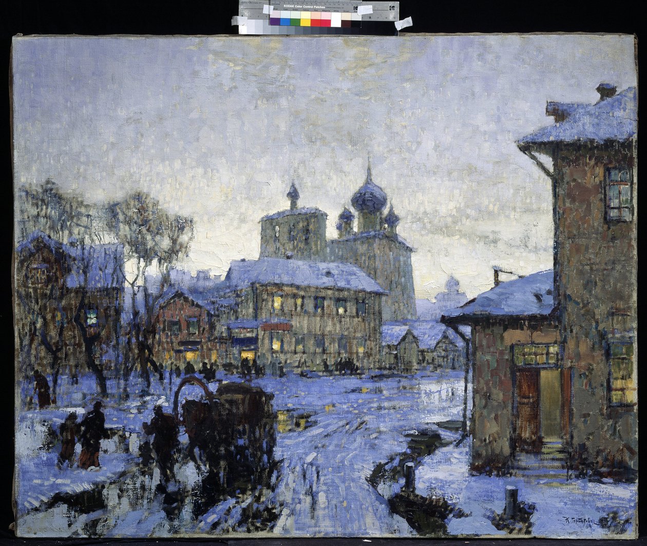 「雪解け」 冬の終わりのロシアの村の風景。 コンスタンチン (コンスタンチン) ゴルバトフ (1876-1945) の絵画 1910 M. クロシツキー美術館、セヴァストポリ 作： コンスタンチン・イワノビッチ・ゴルバトフ