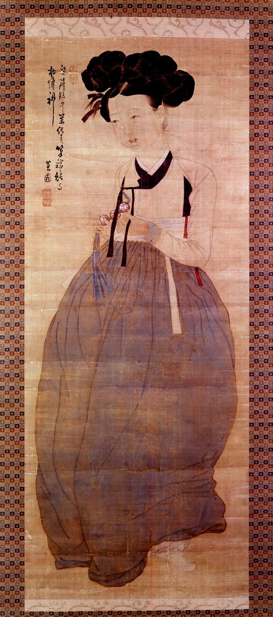 アートコリアン。芸者の肖像（芸者の衣装を着たコリアンガール）。1758年の版画。個人蔵。 作： 朝鮮学校