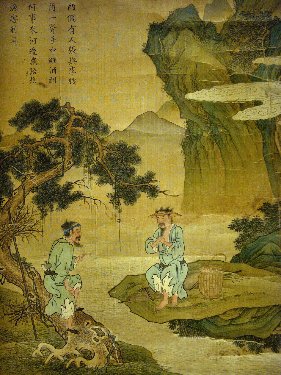 漁師と木こりの会話、パネルにシルクにインクを塗ったものの細部、匿名 作： 朝鮮学校