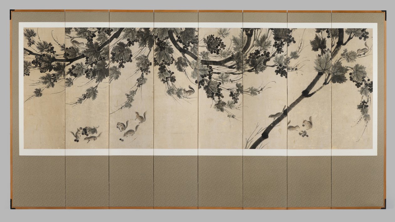 ブドウとシマリス、1800年頃（8パネルスクリーン：紙にインク） 作： 朝鮮学校