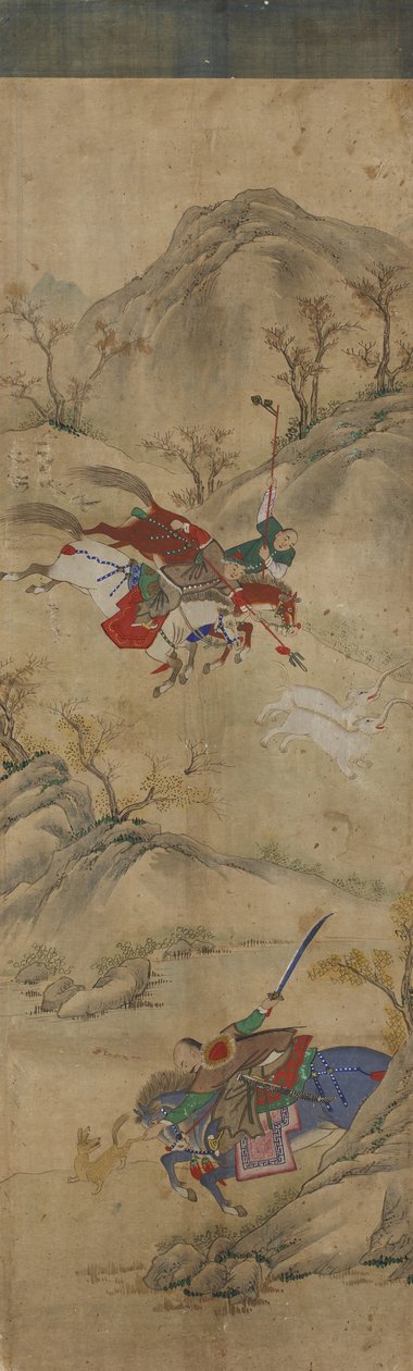 狩猟シーン（ウサギと神話上の動物を乗せた3人のライダー）（紙にトイレ） 作： 朝鮮学校