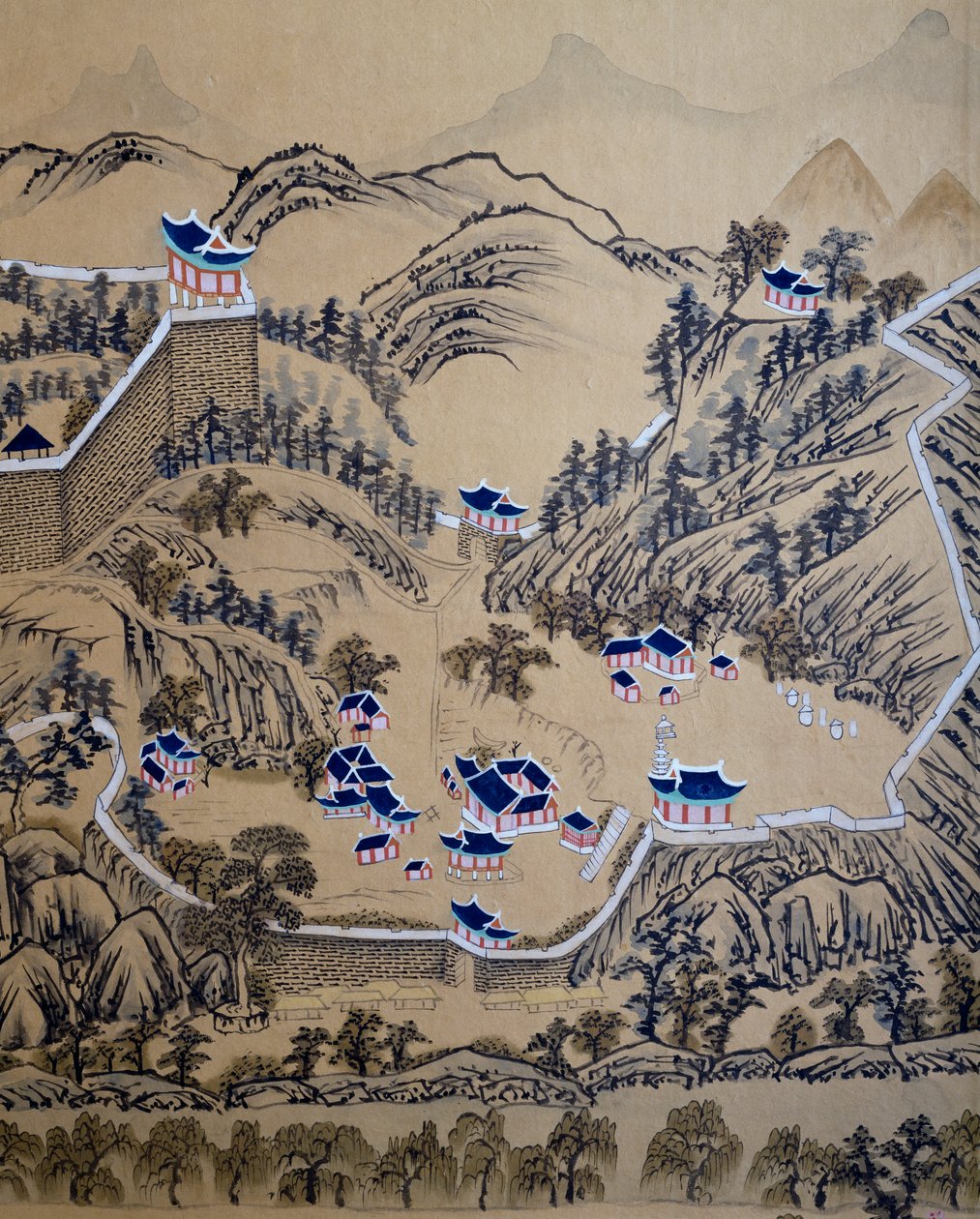 城郭都市、平壌（現在の北朝鮮の首都）の知事の訪問を描いた八曲一双の屏風の一部、朝鮮文明、朝鮮時代 作： 朝鮮学校