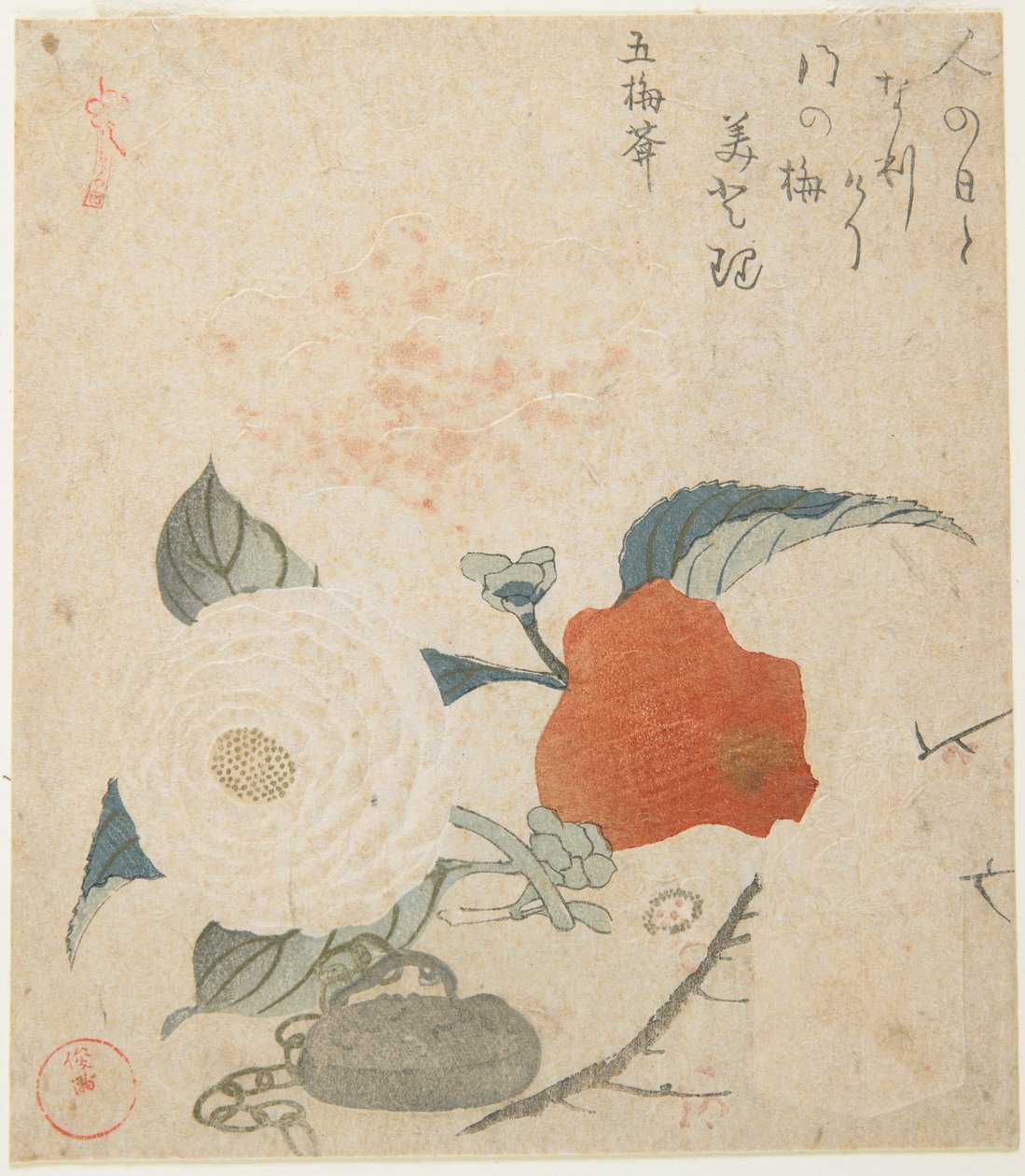 （プラム・ブランチ、牡丹の花、そして金属製の印章） 作： 久保俊満