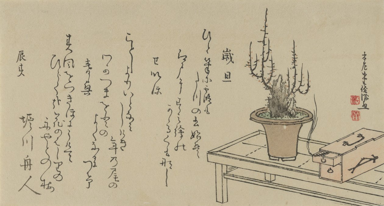 ベンチと箱に乗った盆栽の梅の木、1796年 作： 久保俊満