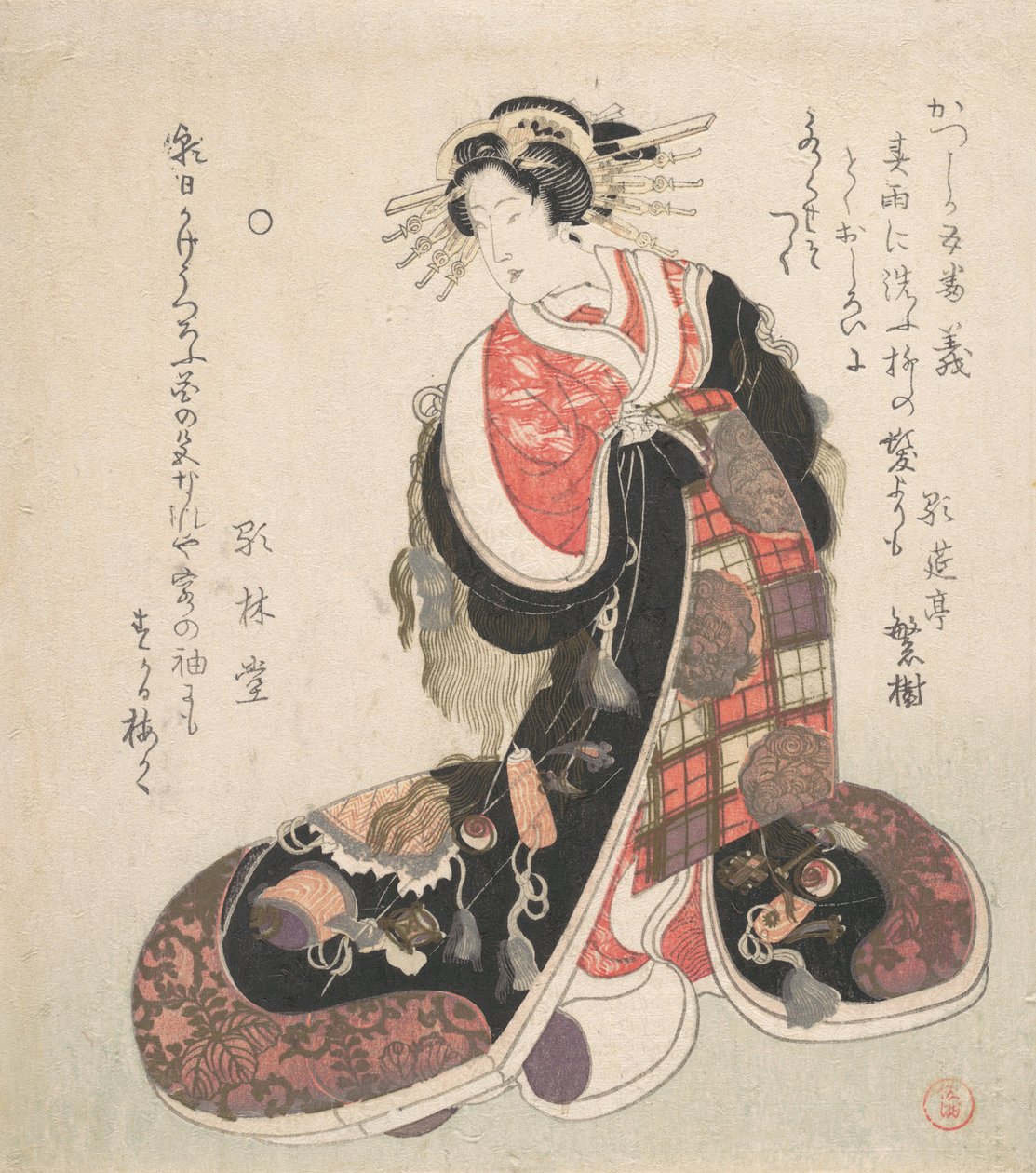幸運の紋章を刺繍した精巧なガウンを着た宮廷女官 1800年頃 作： 久保俊満