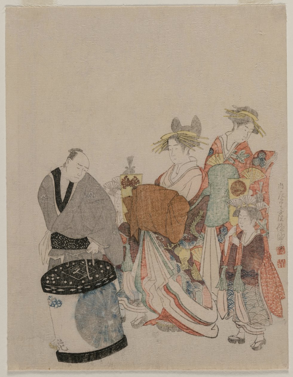 夜、侍女たちを伴って町へ出る遊女 作： 久保俊満