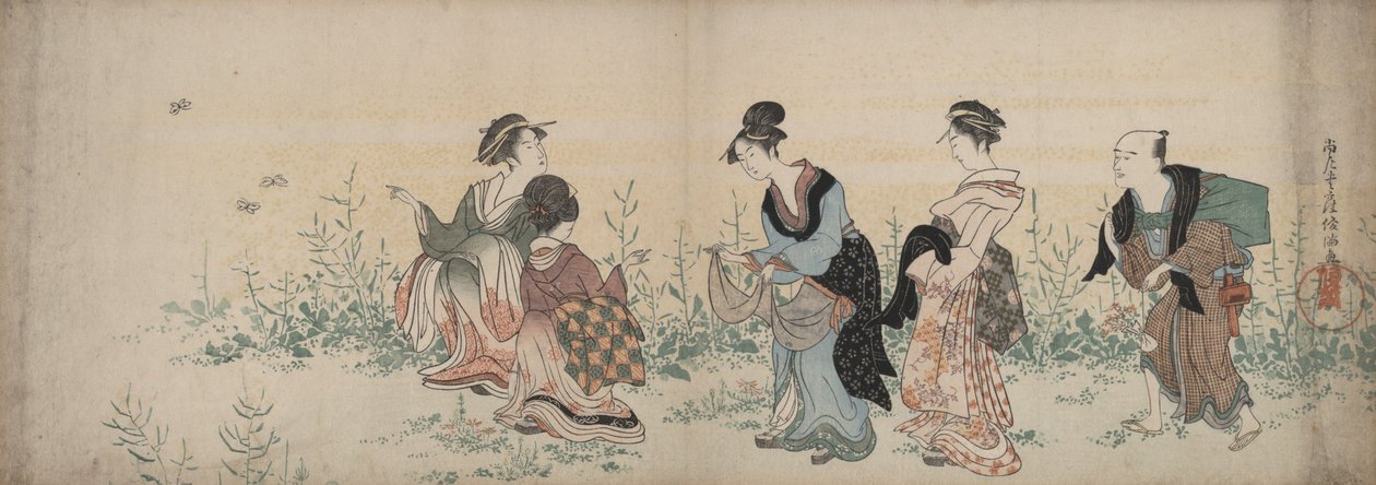 4人の少女と1人の使用人が、野の花や蝶を楽しんでいる 作： 久保俊満