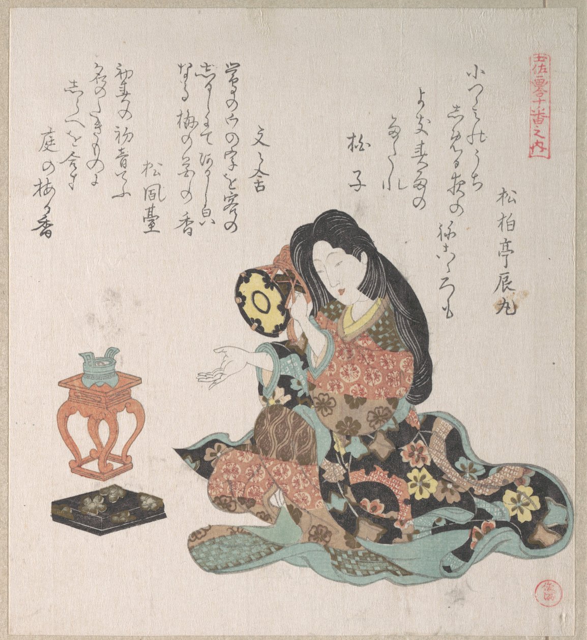香炉のそばで鼓を打つ女性 作： 久保俊満