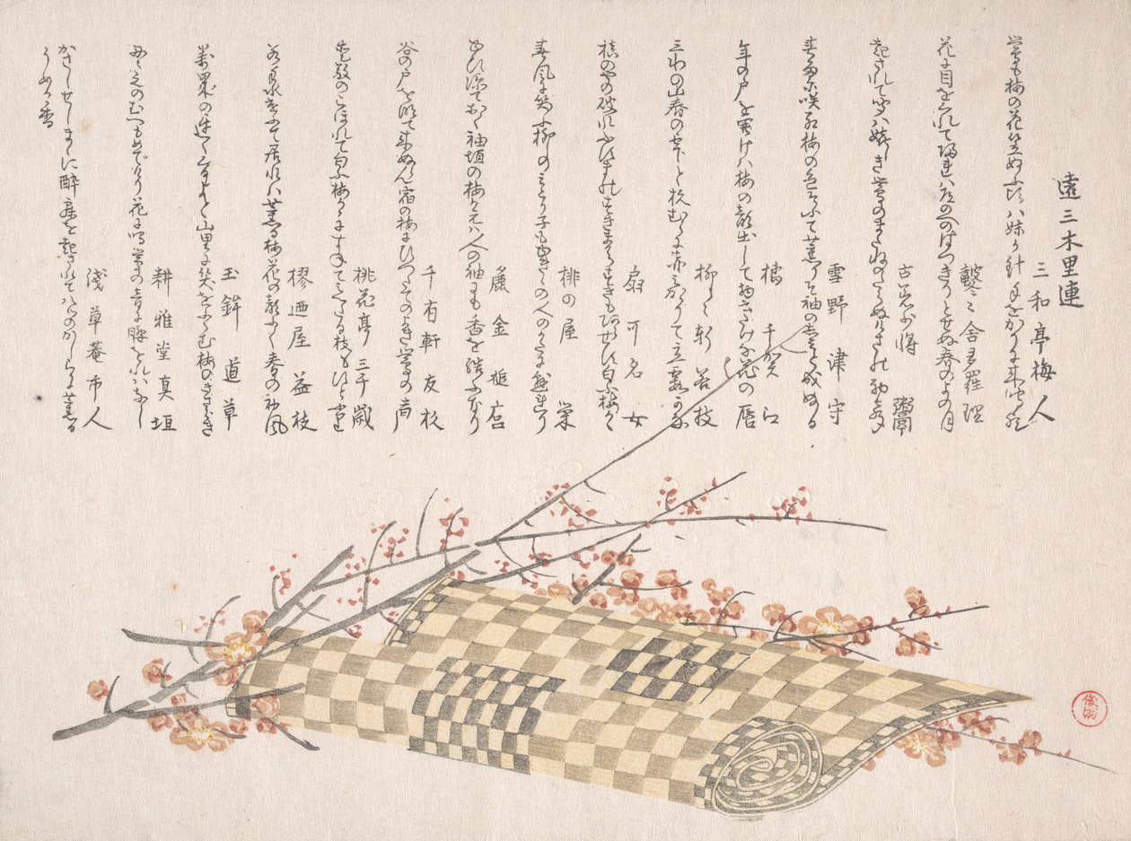 梅の枝に花と巻物のマット 19世紀 作： 久保俊満