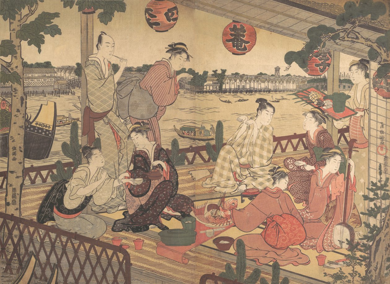 隅田川のほとりの茶店で食事をする2人の若者と数人の女性（1788年頃）。 作： 久保俊満