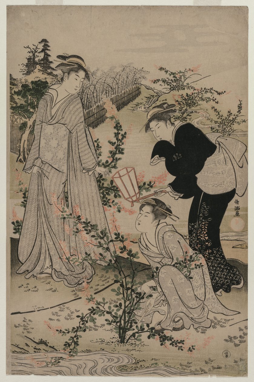 ブッシュクローバーの枝を切る女性たち、1780年代後半、近江地方の野地多摩川... 作： 久保俊満