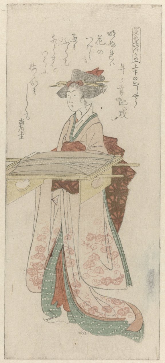 服の入ったトレイを持つ女性 重ね着の見せ方 作： 久保田俊満