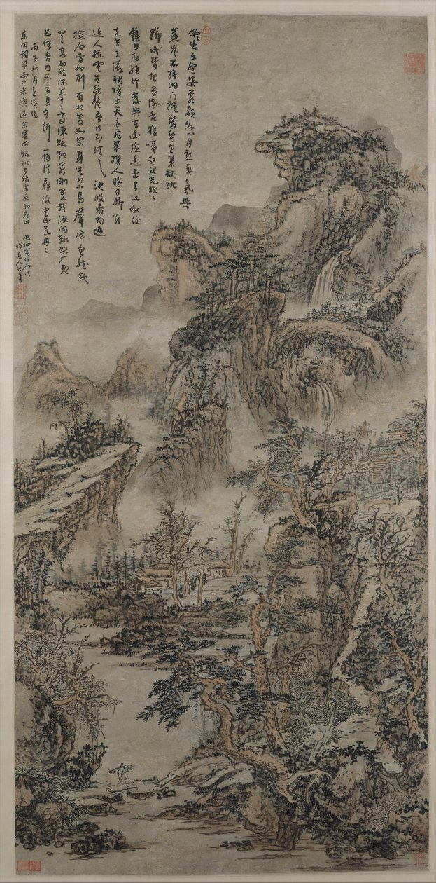 1666年の夕暮れの樹木が茂った山々。 作： 石溪