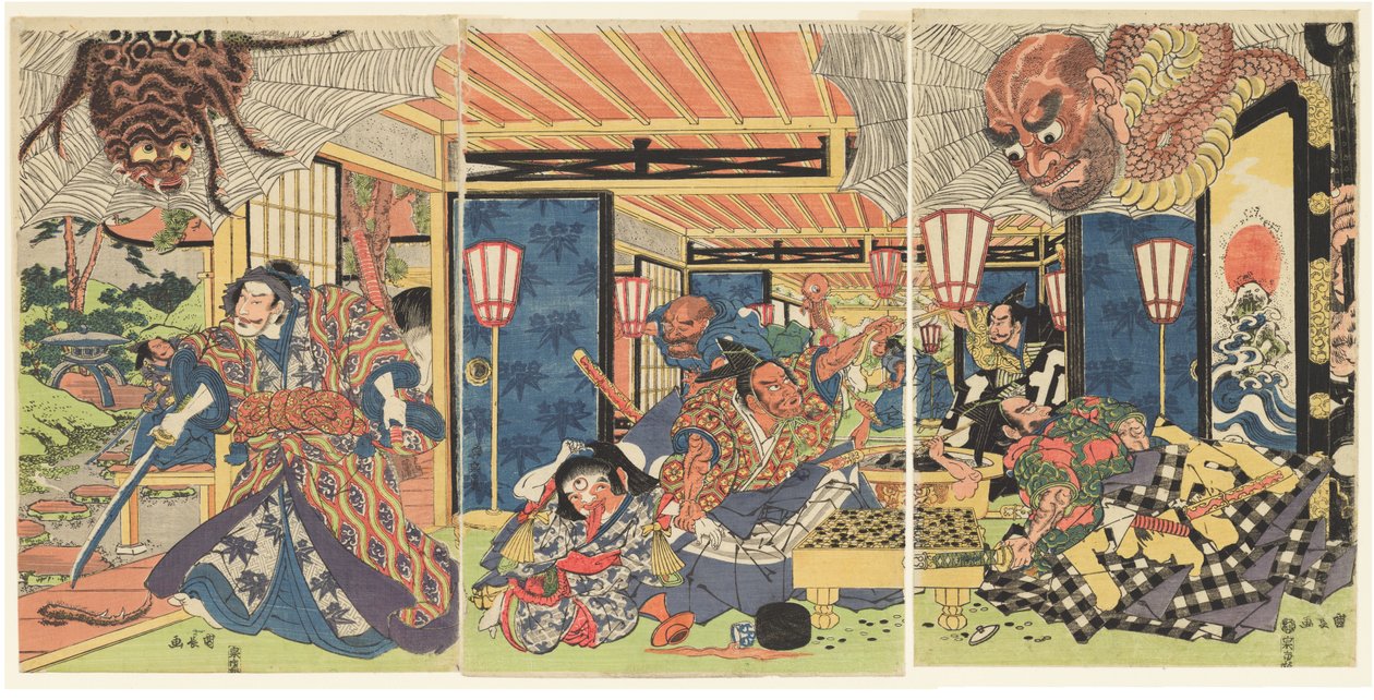 源頼光と土蜘蛛退治の家来たち》1804-1818年頃 木版画（錦絵）／紙本墨彩色 作： 歌川国長