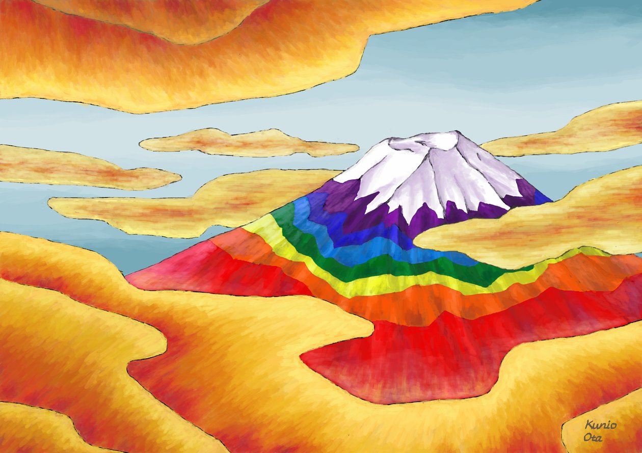 雲の中の虹色の富士山、2023年（デジタルペインティング）