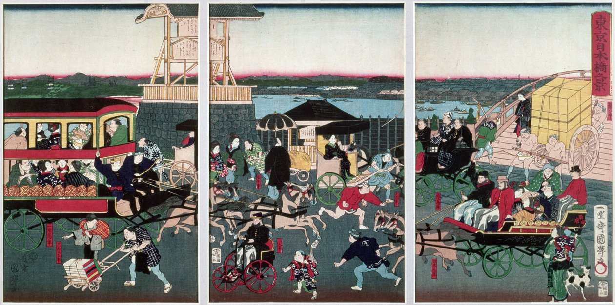 東京の日本橋の眺め、1870年頃（色付きの木版） 作： 国歌II歌川