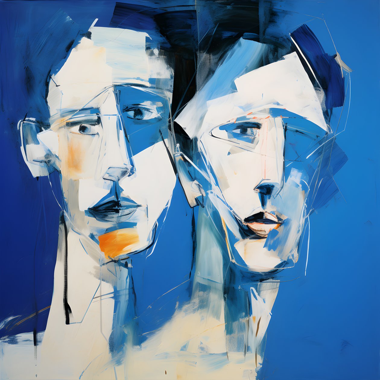 青を背景にした2人の頭の絵 3 作： カート・ヘプケ