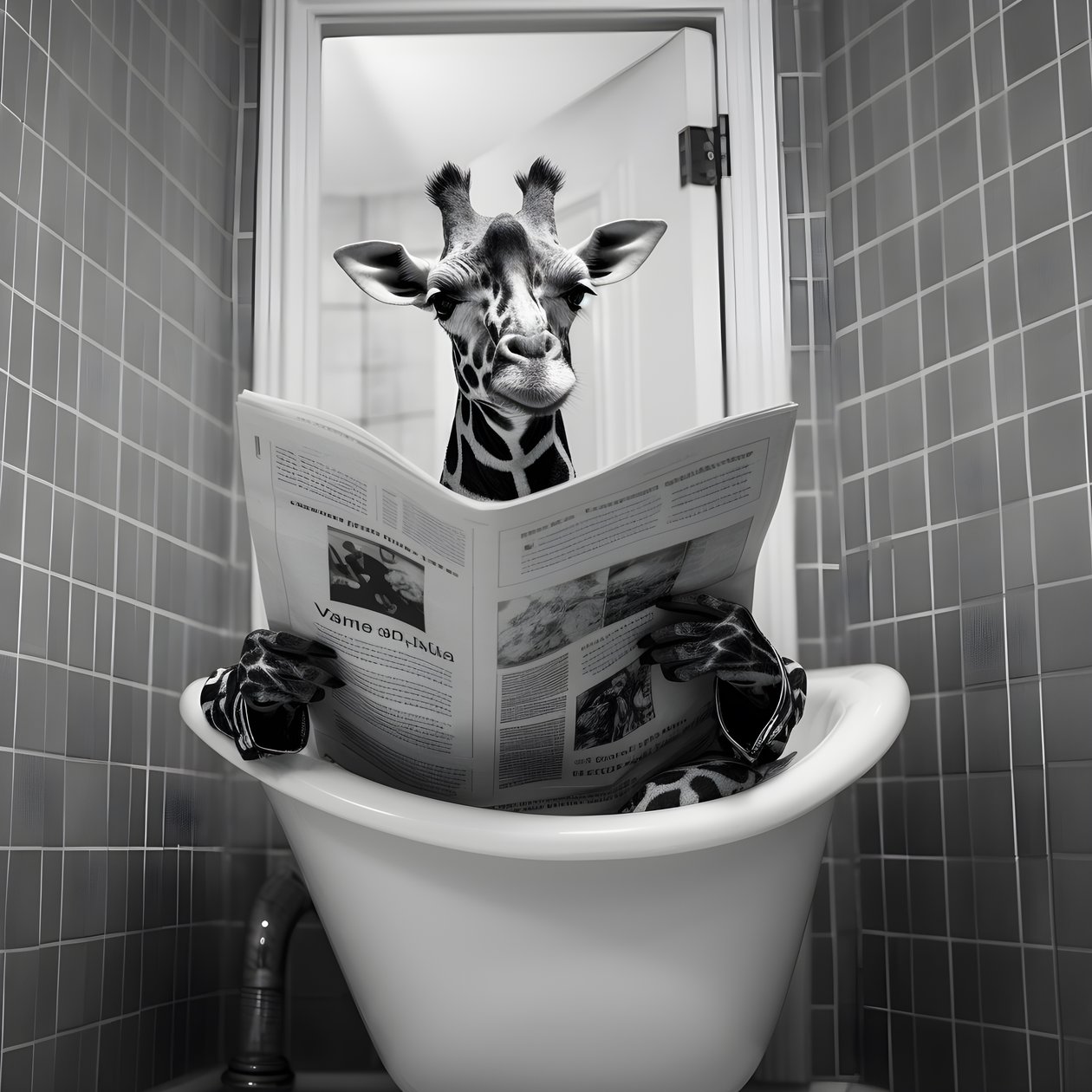 新聞紙を持ってトイレに座る幸せなキリン 3 作： カート・ヘプケ