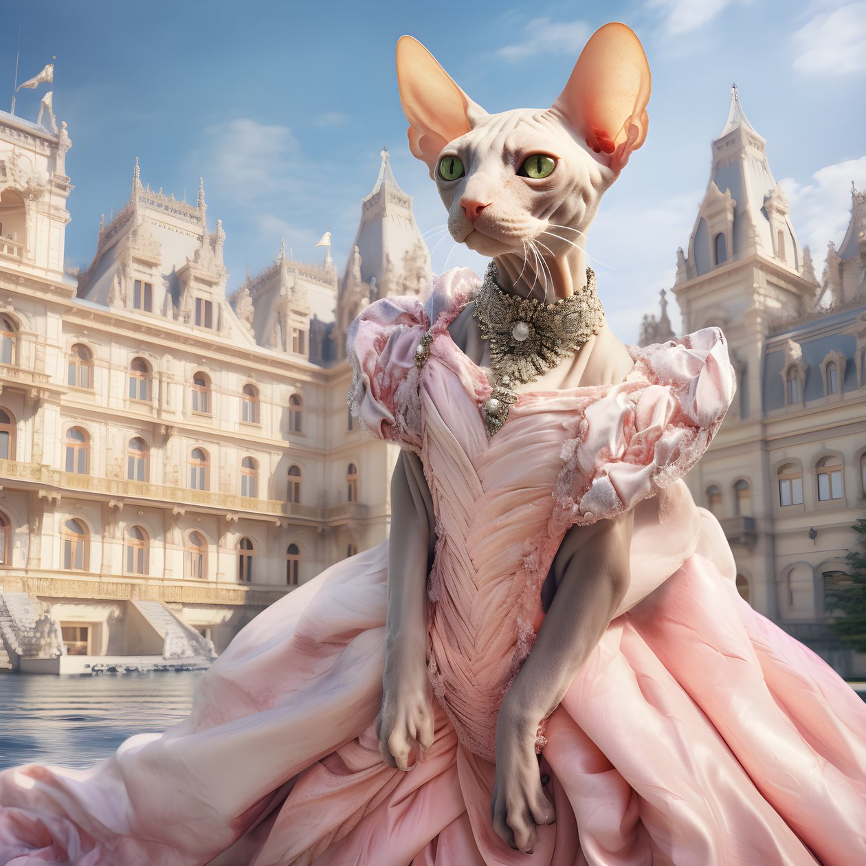 壮麗な中世風の宮殿を背景に、舞踏会のガウンを着たスフィンクス猫 2 作： カート・ヘプケ