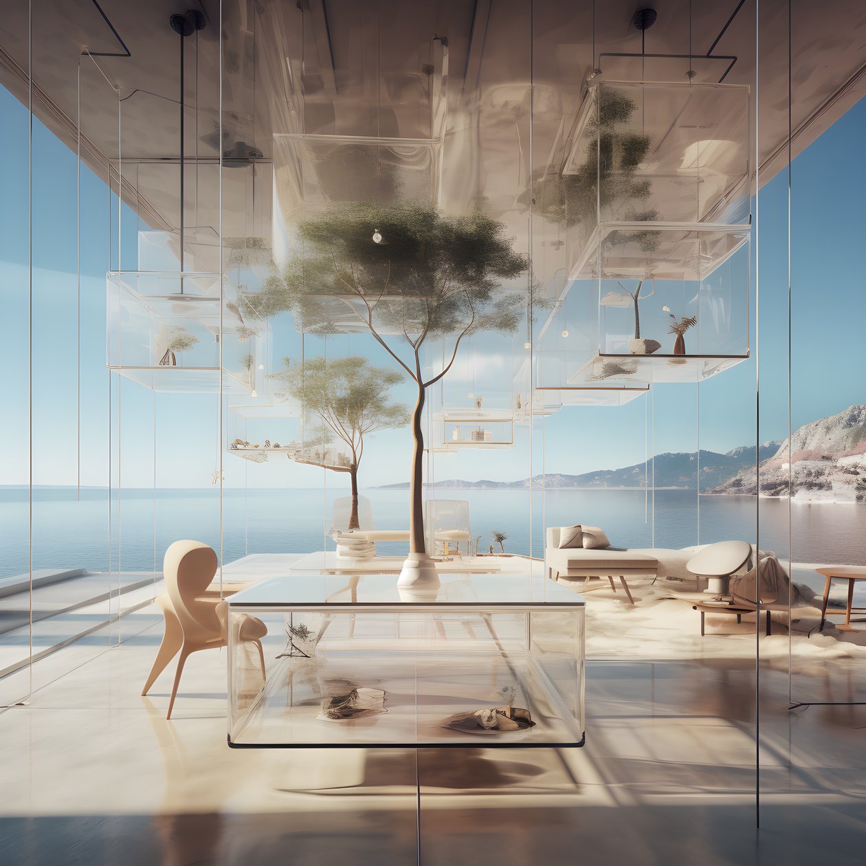 真ん中に島テーブルのある透明な建物 4 作： カート・ヘプケ