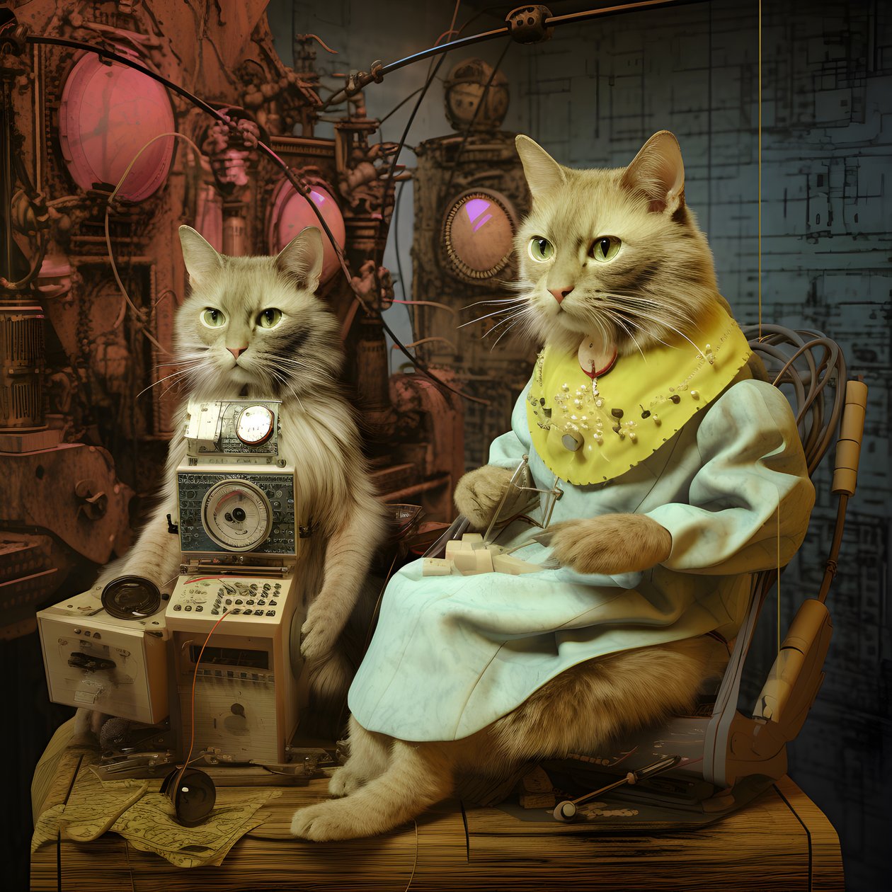 擬人化された2匹の猫、オスとメス、キューブリック的合成物2 作： カート・ヘプケ
