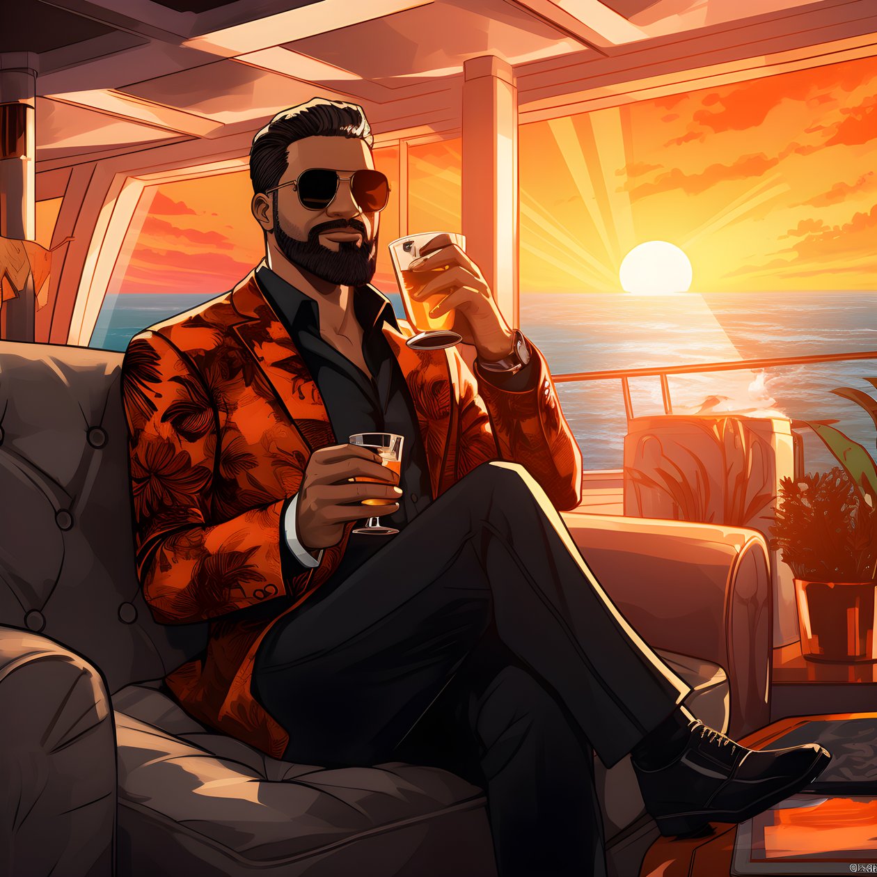 着飾った金持ちが、プライベート・クルーズ船に座ってカクテルを飲んでいる。 作： カート・ヘプケ