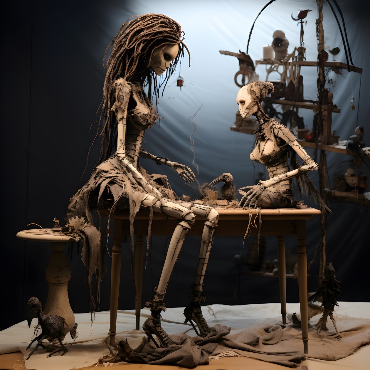 テーブルの上に置かれた大きな人形とその上に置かれた骸骨 1 作： カート・ヘプケ