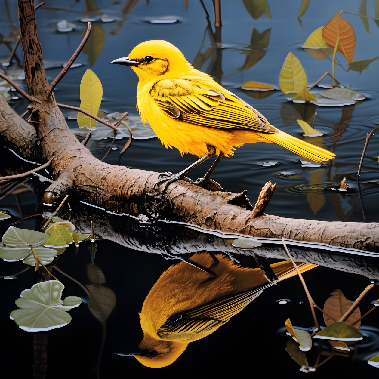 水に浮かぶ枝の上の黄色い鳥 4
