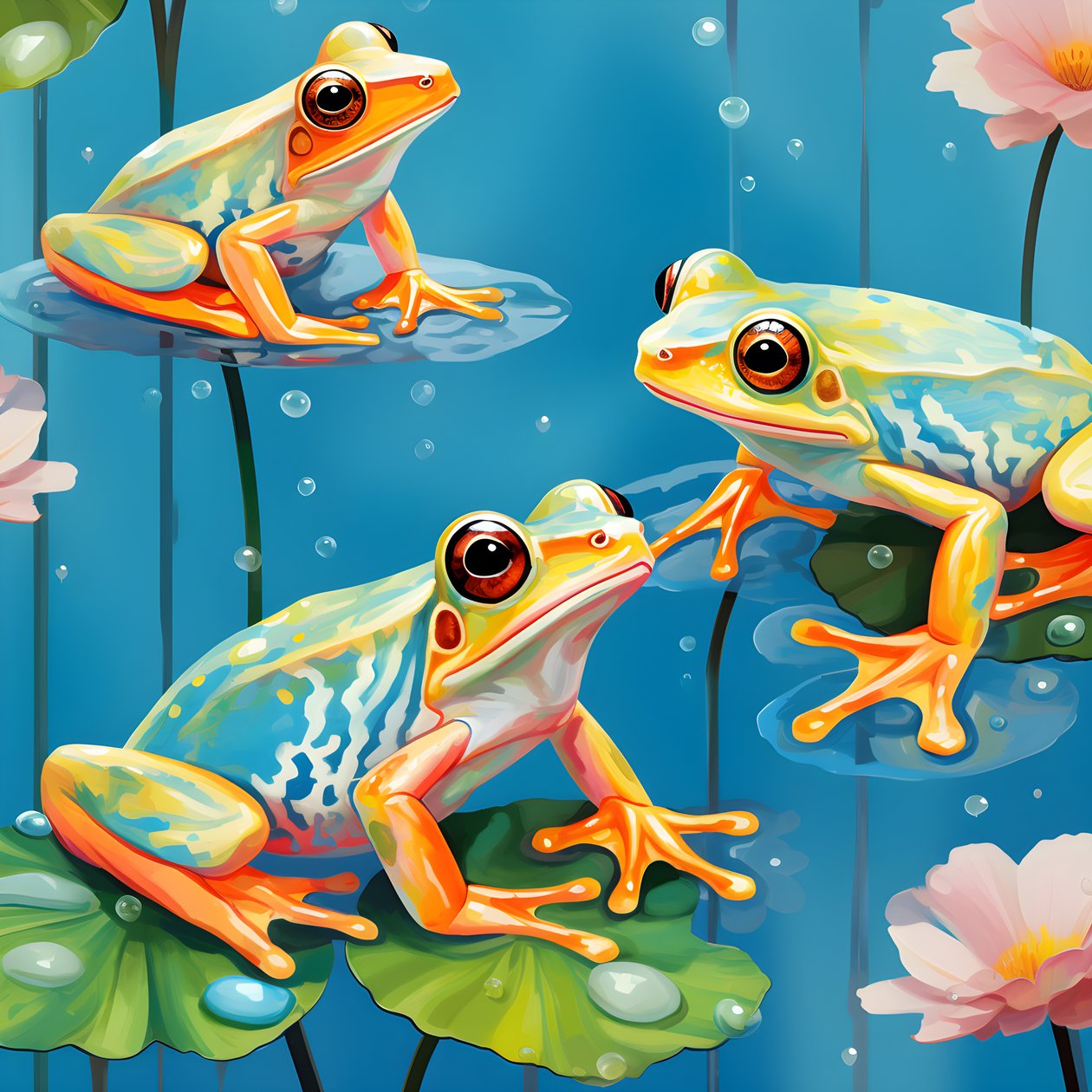 水彩画2からの雨の上のユリの葉の上に座っているかわいいオレンジと黄色の漫画のカエルの絵のシームレスパターン。 作： カート・ヘプケ