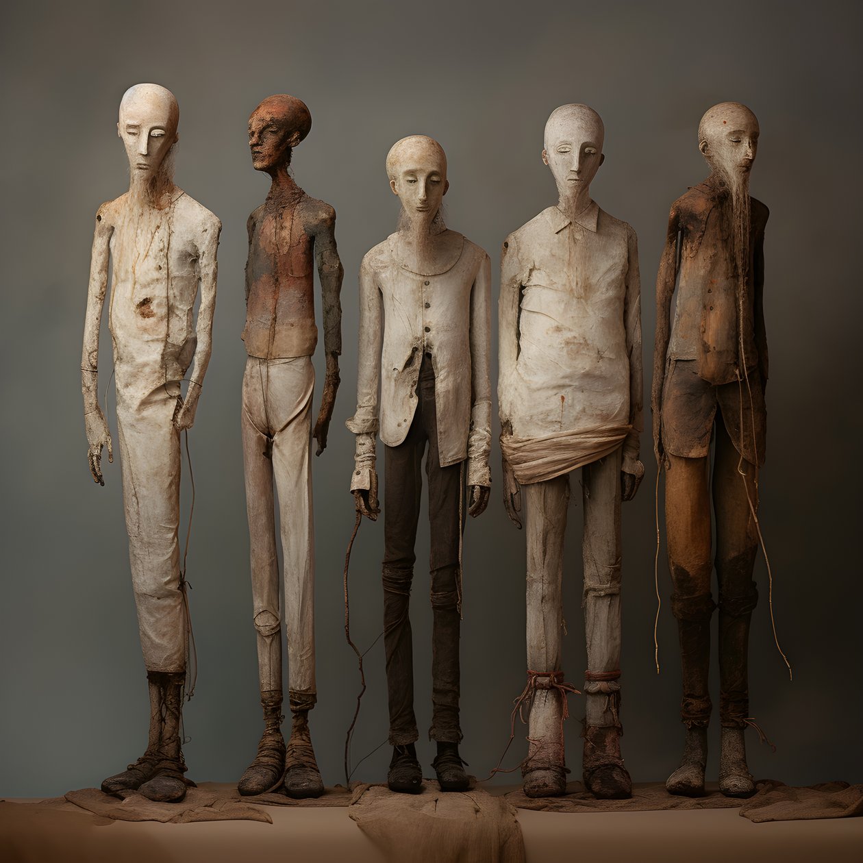 並んで立つ4人の男の土偶 4 作： カート・ヘプケ