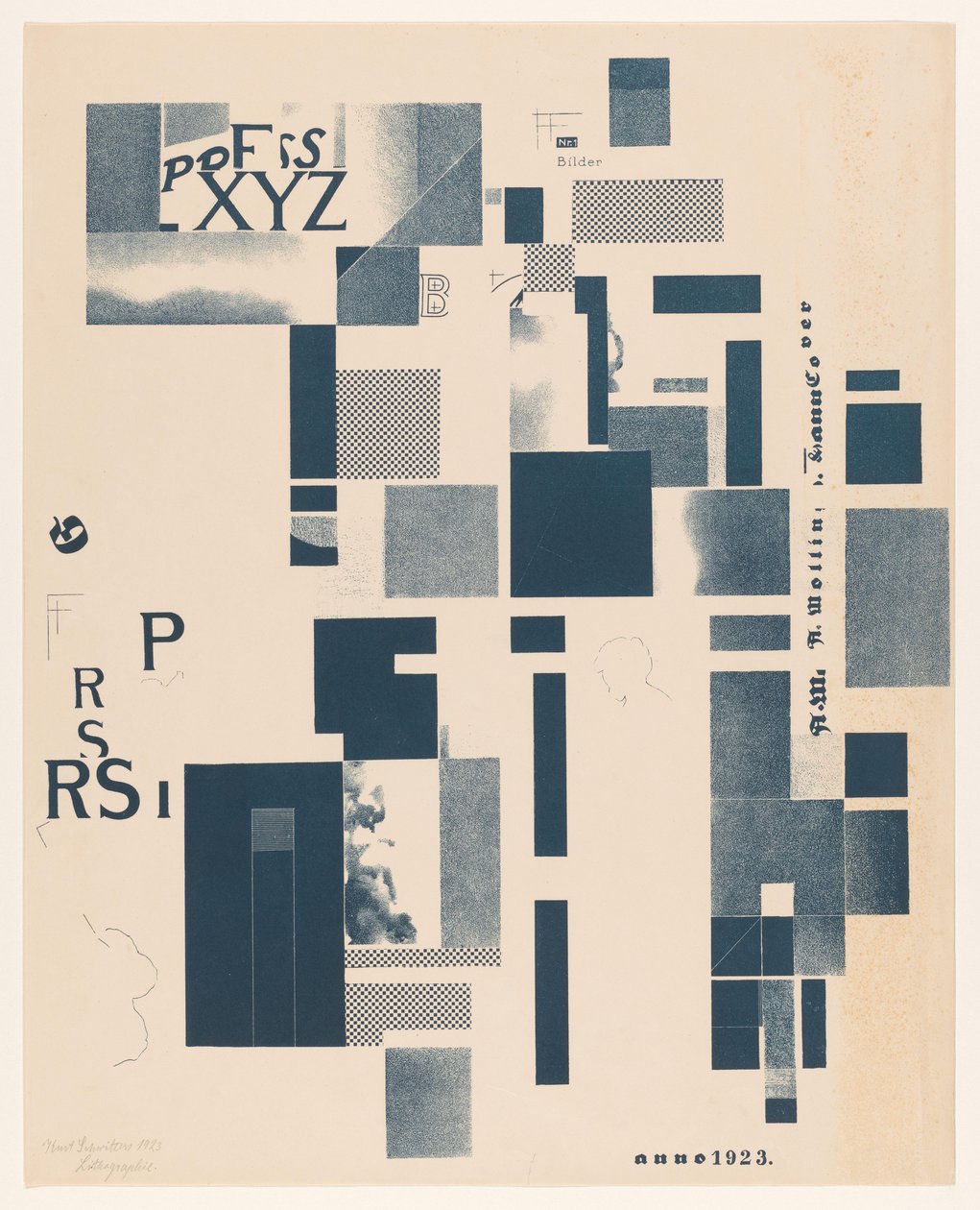タイポグラフィ要素を含むコンポジション 作： Kurt Schwitters（アーティストによる署名）