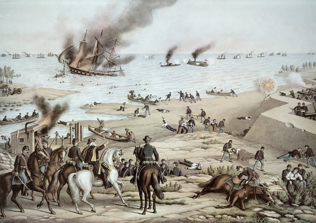 アメリカ南北戦争中の1862年3月9日、ハンプトン・ブローズの戦いでCSS「メリマク」と戦うUSS「モニター」（カラーリトグラフ版 作： クルツとアリソン