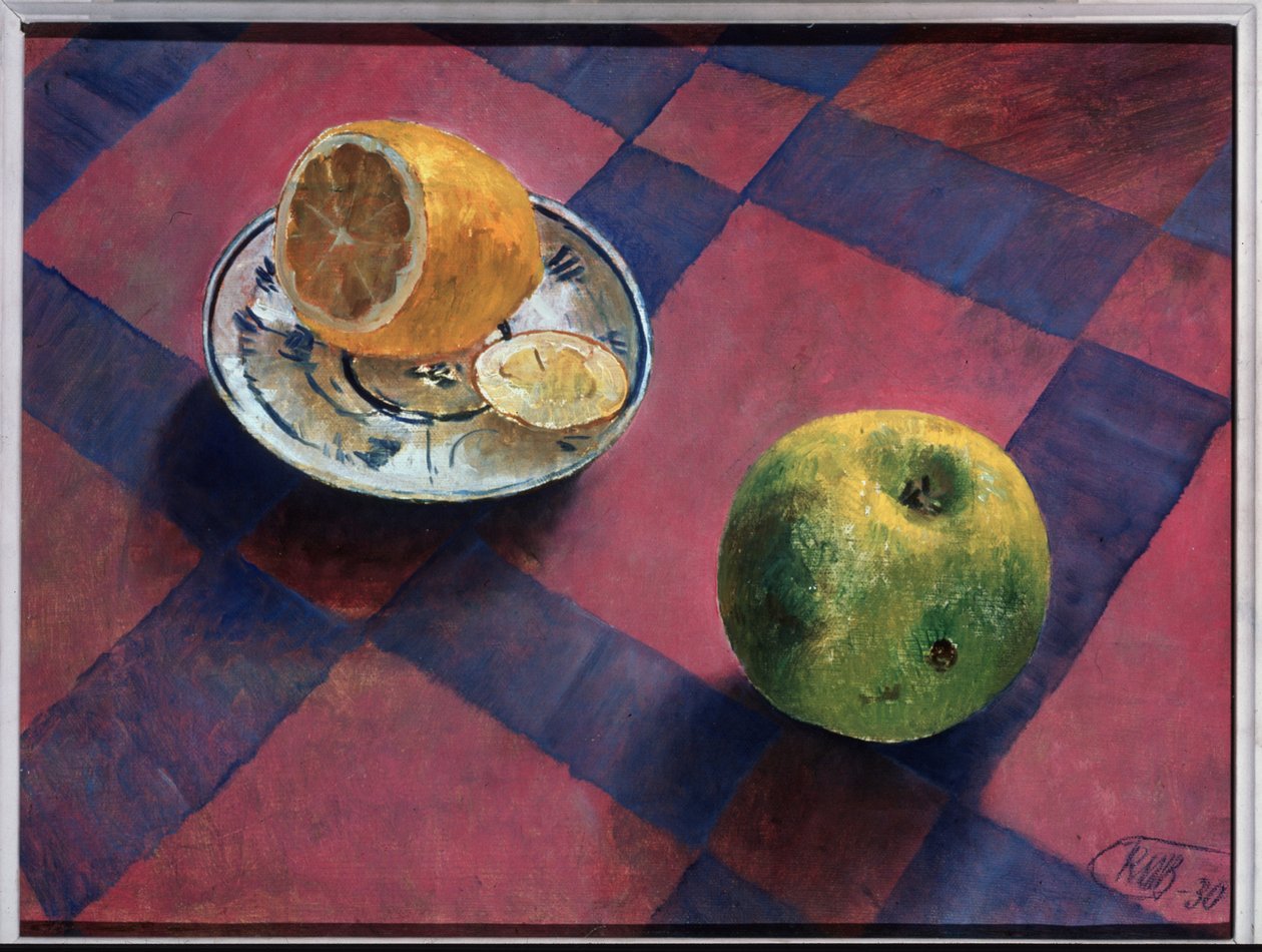 アップルとレモン。 （リンゴとレモン）。 Kuzma Sergeevich Petrov Vodkin (Petrov-Vodkin) (Kouzma Petrov Vodkin) (Petrov-Vodkin) (1878-1939)、キャンバスに油彩による絵画 作： クズマ・セルゲビッチ・ペトロフ・ヴォドキン