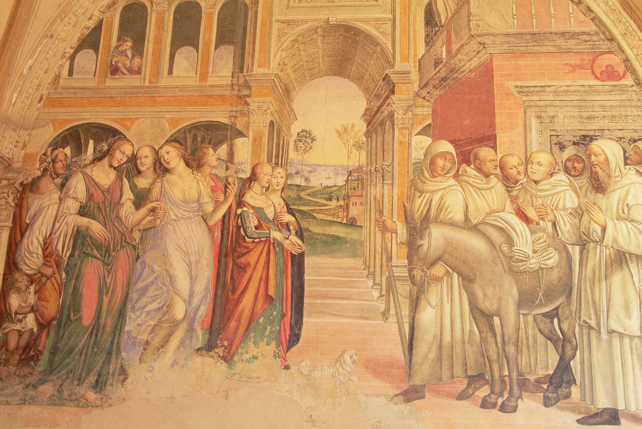 フローレントは修道院にゆるい女性を送りました。1497-98年の聖ベネディクトの生涯から 作： L.とソドマ、G。シグノレッリ
