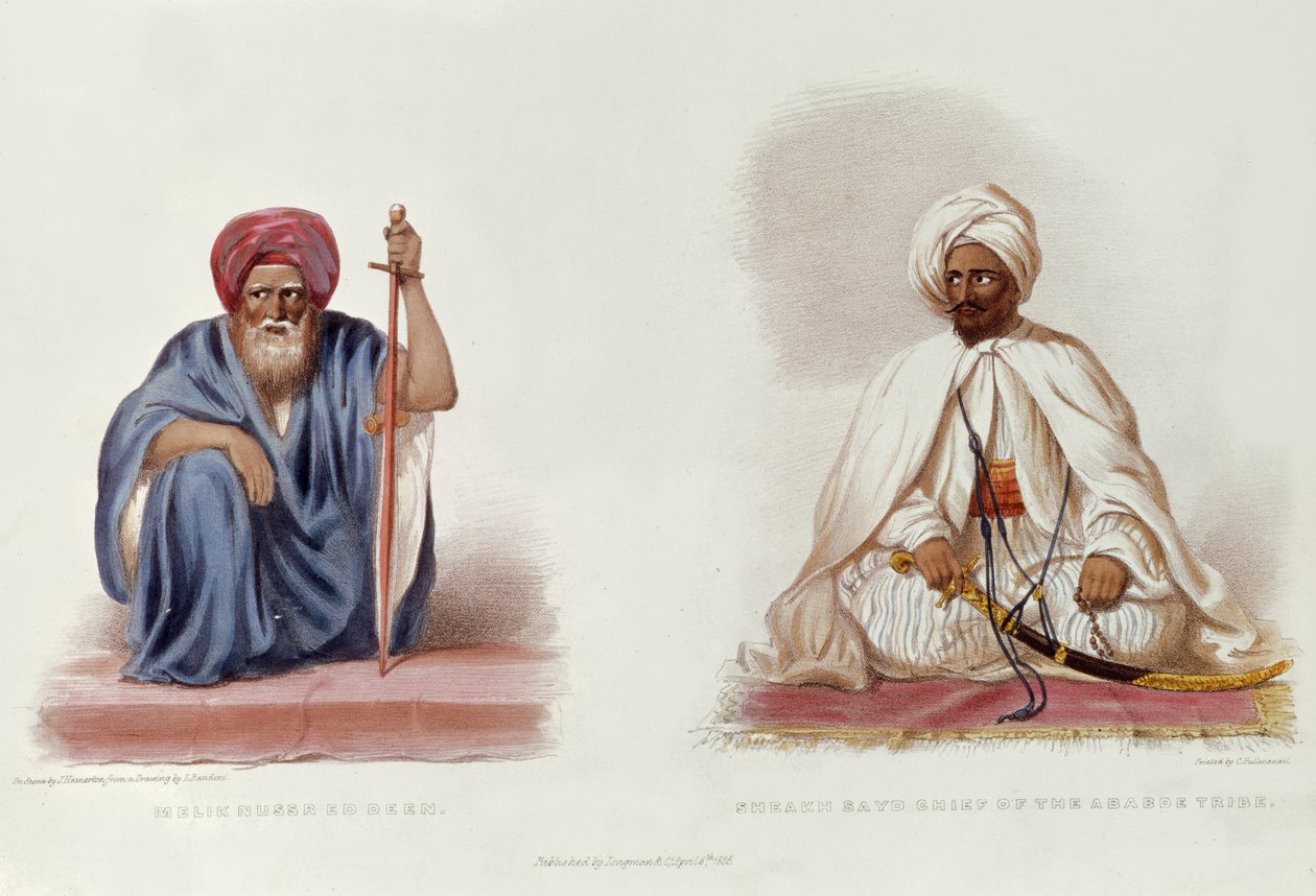 Melik Nussr Ed DeenとSheabh Sayd、Ababde族の首長、GA HoskinsによるTravels in Ethiopiaのイラスト 作： L.バンドーニの後