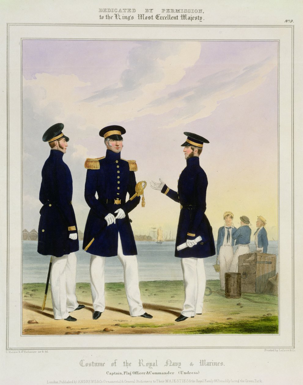 1830年から37年に芸術家によって彫刻された「王立海軍と海兵隊のコスチューム」からの船長、旗将校と司令官（服を脱ぐ）プレート9 作： L.アンドエシャウジエ、セントマンション