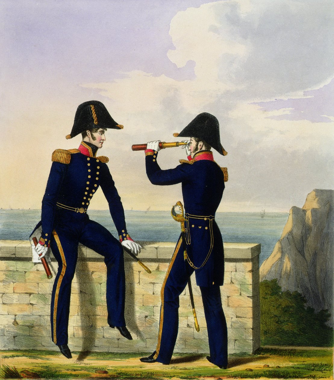 中尉、芸術家によって刻まれた「海軍と海兵隊の衣装」のプレート1、c.1830-37（カラーリトグラフ） 作： L.アンドエシャウジエ、セントマンション