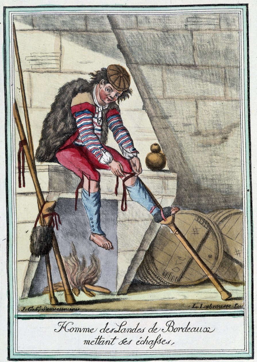 竹馬を漕ぐボルドー地方の男（J. Grasset St Sauveur, Deron, Paris著『Encyclopédie des voyages』所収 作： LFラブラス