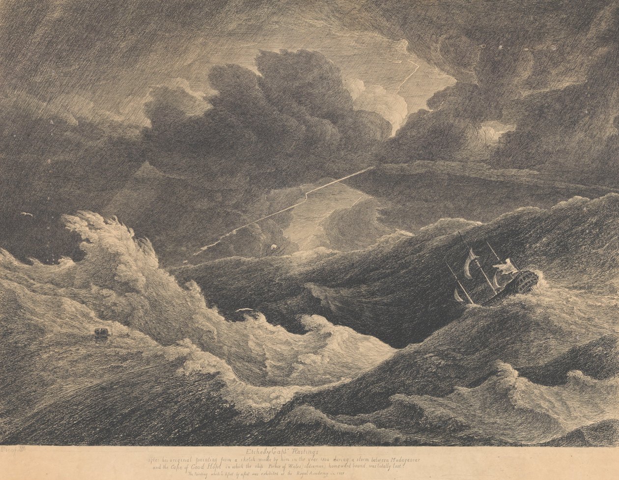 1804年、マダガスカルと喜望峰の間で暴風雨に遭い、インディアマン船「プリンス・オブ・ウェールズ号」が全損した際に描かれたスケッチより（エッチング）。 作： L.ヘイスティングス