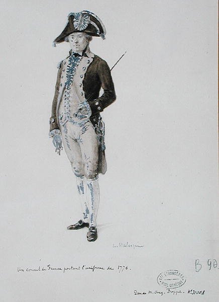 1776年の制服を着たフランス領事（紙にペン、ウォッシュ） 作： L.マレスピン