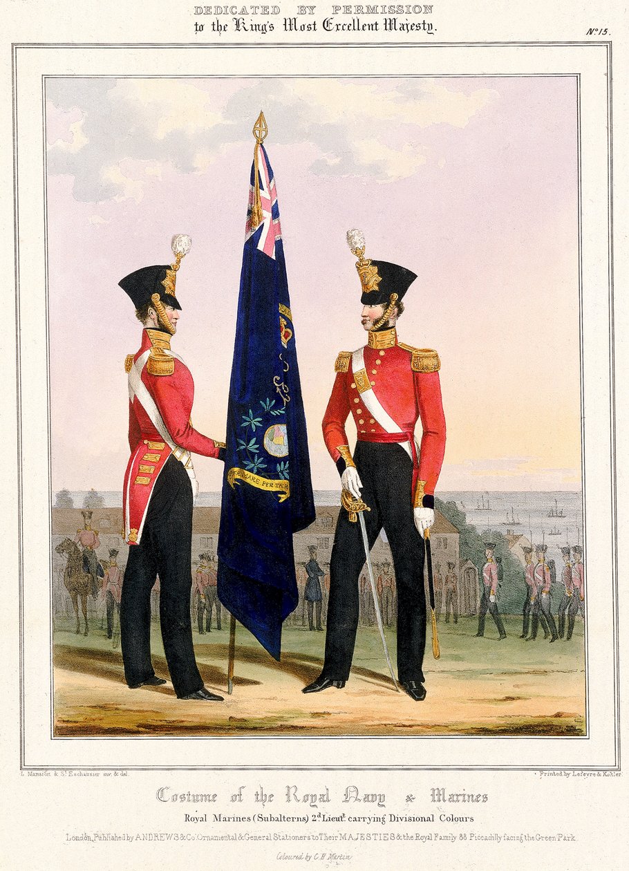 英国海軍と海兵隊のコスチューム。英国海兵隊（下士官） 2d.中尉、1832年頃（カラーリトグラフ） 作： L.とEschauzierSt。Mansion