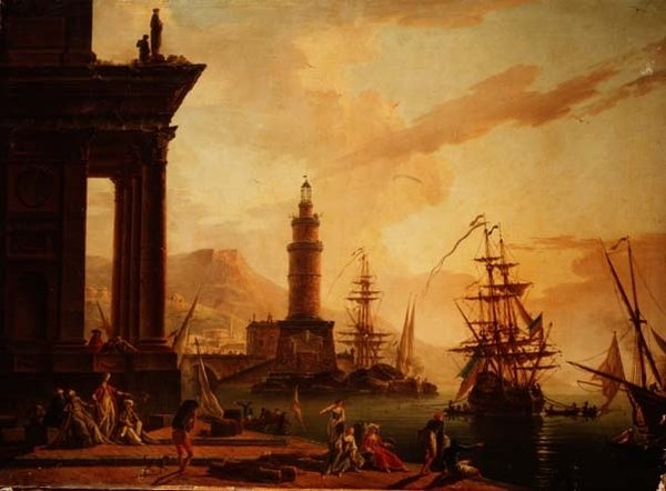 オランダのフリゲート艦と他の船がある地中海の港のカプリッチョ 作： ラ・クロワ・ド・マルセイユ
