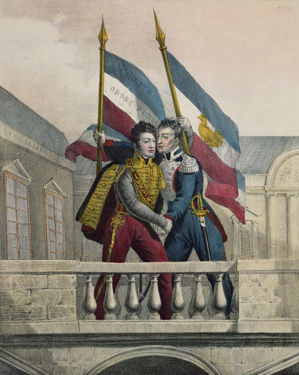 1830年7月30日、ラファイエット将軍を抱き込み、パレロワイヤルのテラスで民族色を高めるオルレアン公 作： ラバスチド