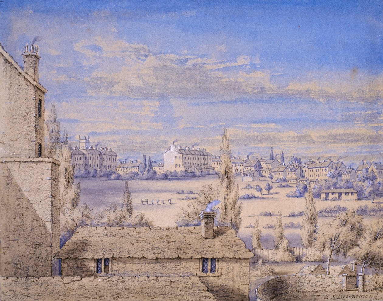 ロンドン、No.6 Grosvenor Place、1820年頃から見たベルグレイブ広場の眺め（WCと紙に鉛筆） 作： エミリー・ドラモンド夫人